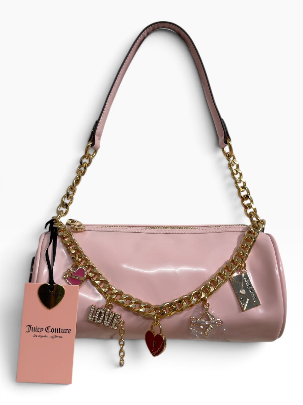 Juicy Couture Love Comes Softly Patent Pink Barrel Shoulder Bag Chain Charms NWT